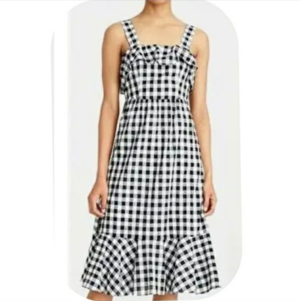 J. Crew Gingham Midi Ruffle Dress Women's 2 Black White Preppy Academia Retro